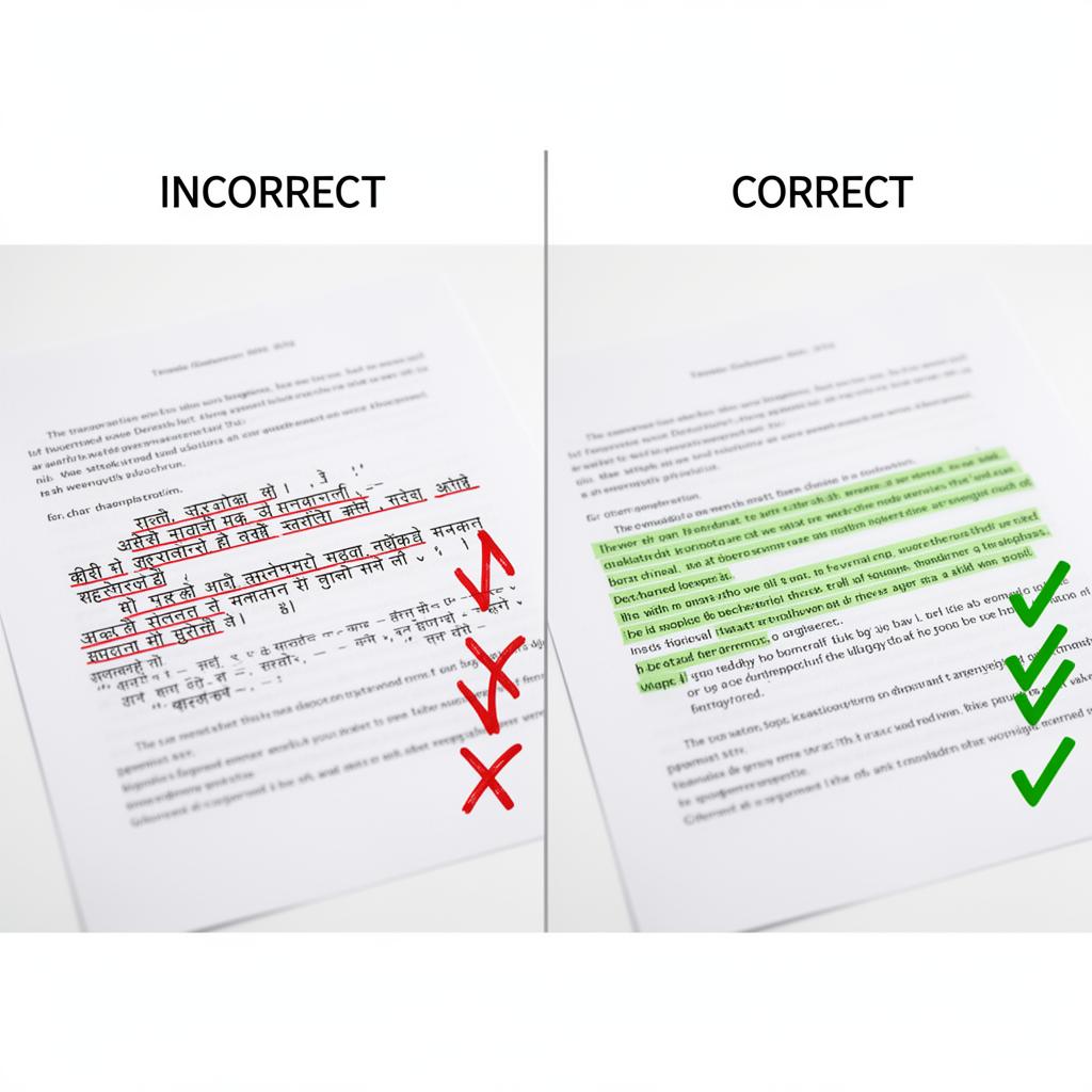 Comparison showing common problems with Nepali document translation including incorrect date conversion and Devanagari transliteration errors versus correct certified translation