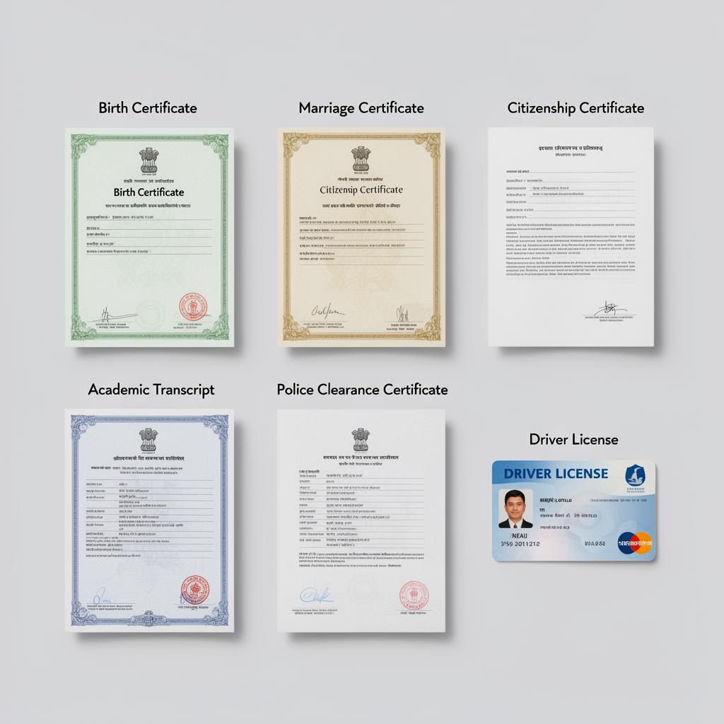 Nepali document types requiring certified translation for Australian immigration including birth certificate, marriage certificate, citizenship certificate, academic transcript, police clearance, and driver licence