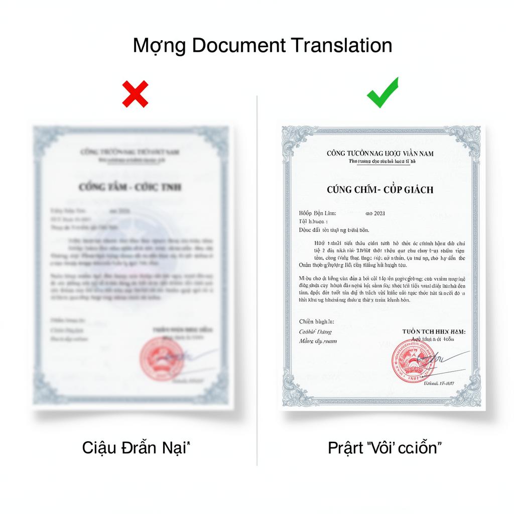 Comparison showing common problems with Vietnamese document translation including missing diacritics and incorrect name order versus correct translation