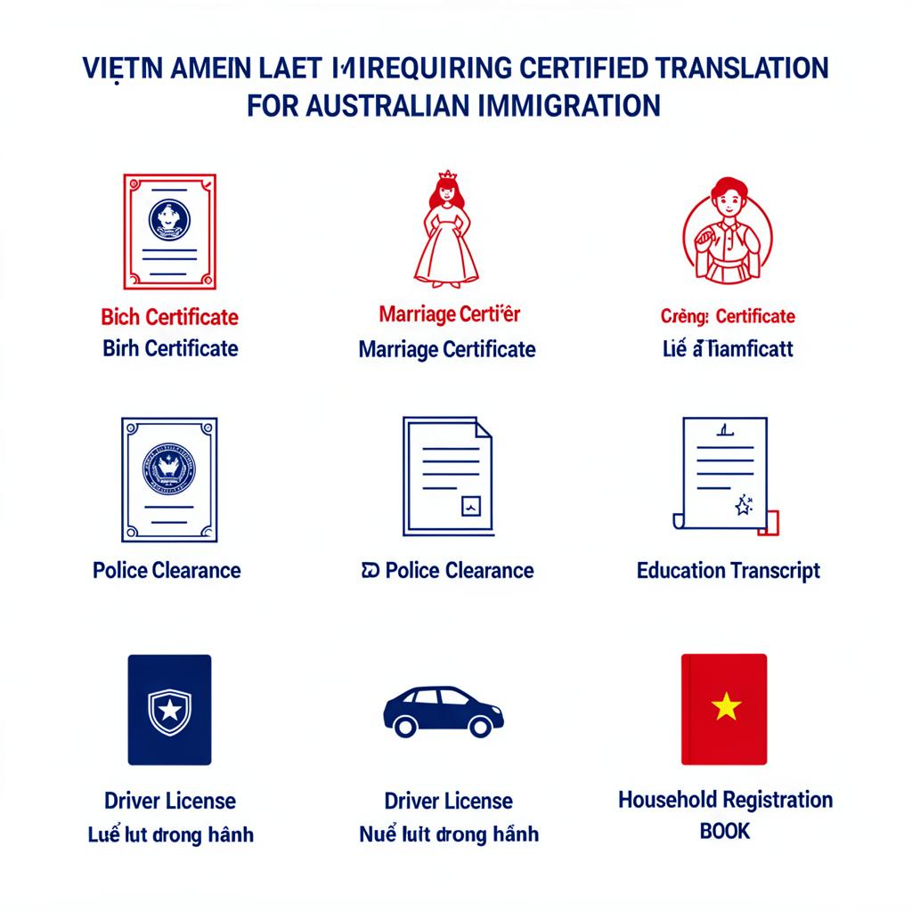 Vietnamese document types requiring certified translation for Australian immigration including birth certificate, marriage certificate, police clearance, education transcript, driver licence, and household registration book